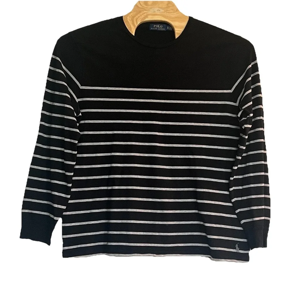Polo Ralph Lauren XL/TG Black w/ Grey Stripe Long Sleeve Cotton Light Sweater‎